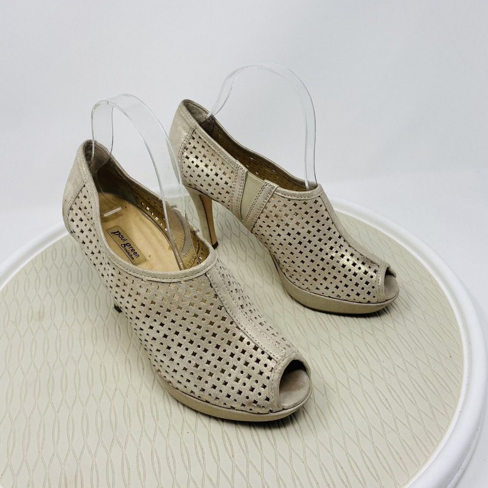 Paul Green Pumps UK 5.5 US 8 Passion Perforated Heel Shoes Gold Smoke Peep Toe